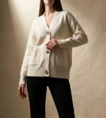 V Yaka Çift Cepli Ekru Oversize Hırka