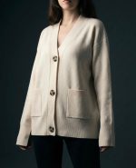 V Yaka Çift Cepli Ekru Oversize Hırka - Görsel 2