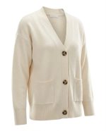 V Yaka Çift Cepli Ekru Oversize Hırka - Görsel 3