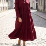 Uzun Kollu Bordo Salaş Maxi Elbise