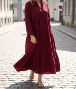 Uzun Kollu Bordo Salaş Maxi Elbise